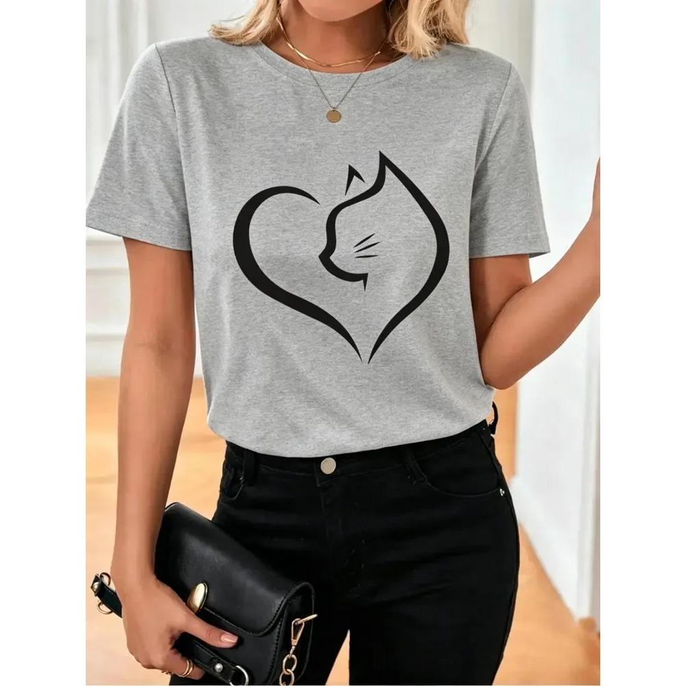 Women's Love Cat Printed Summer Leisure T-shirt Comfortable Soft Simple Fashion Women's Short Sleeve Cotton T-shirt