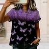 Women Plus Size Shirt Collar Short Sleeve White Gray Red Printed Button Front Cross Hem Blouse