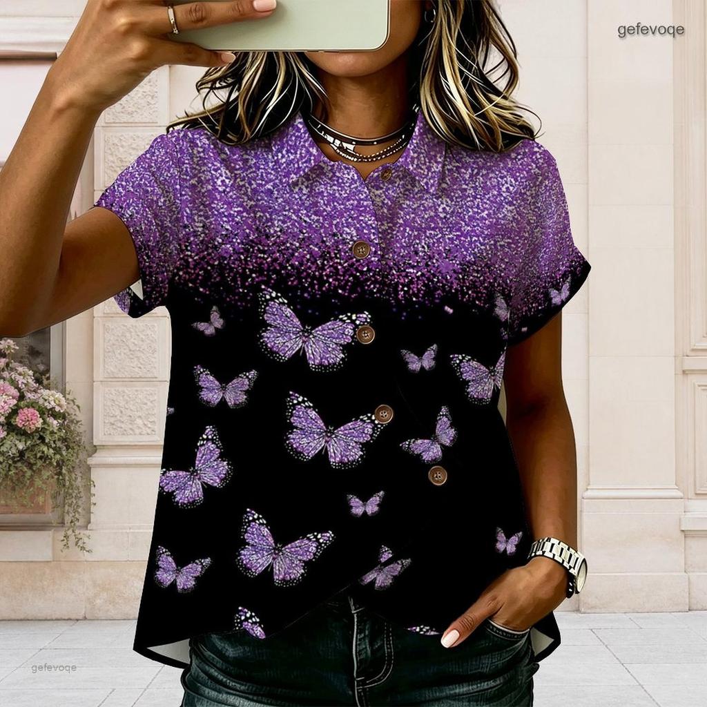 Women Plus Size Shirt Collar Short Sleeve White Gray Red Printed Button Front Cross Hem Blouse