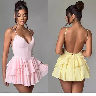 Sexy Backless Bandage Summer Dress New Fashion Women Solid Color Strap Women Mini Short Suspenders Dress Ladies A-line Evening Club Dresses