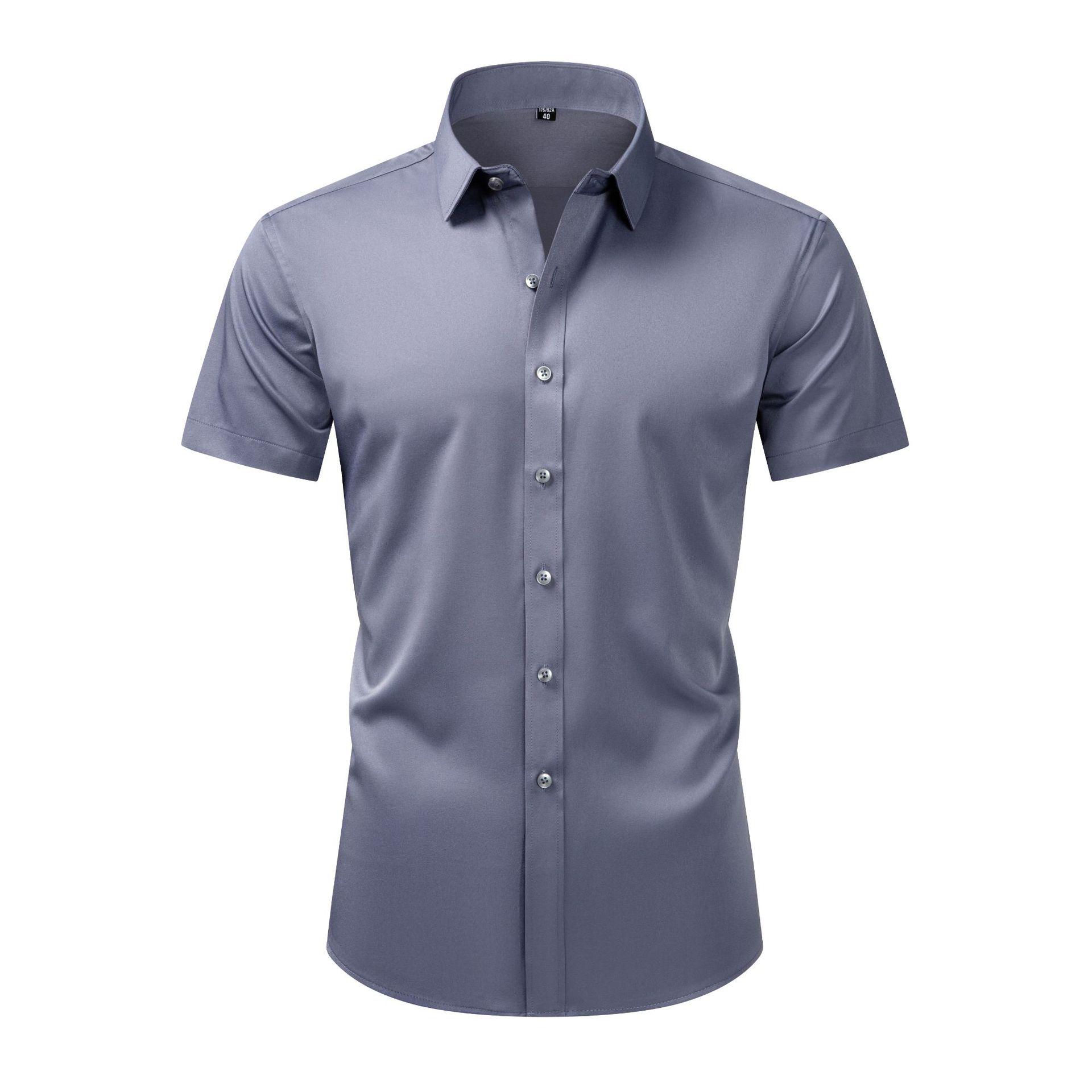 European Men s Short-Sleeve Business Casual Slim Fit Non-Iron Solid Color Stretch Shirt S