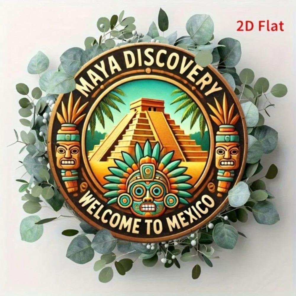 Mexico Inspired Aluminum Wall Art Round 8x8 Inch 2D Flat Home Decor Sign 1 Piece Featuring Mayan Pyramid and Tribal Mask Vintage Finish