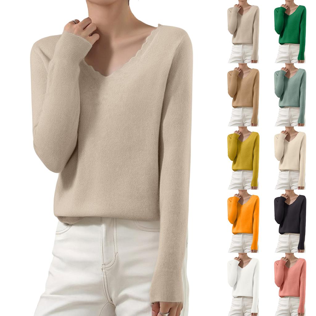 Women's Casual Lace V-Neck Base Layer Knitted Long Sleeve Solid Color Sweater