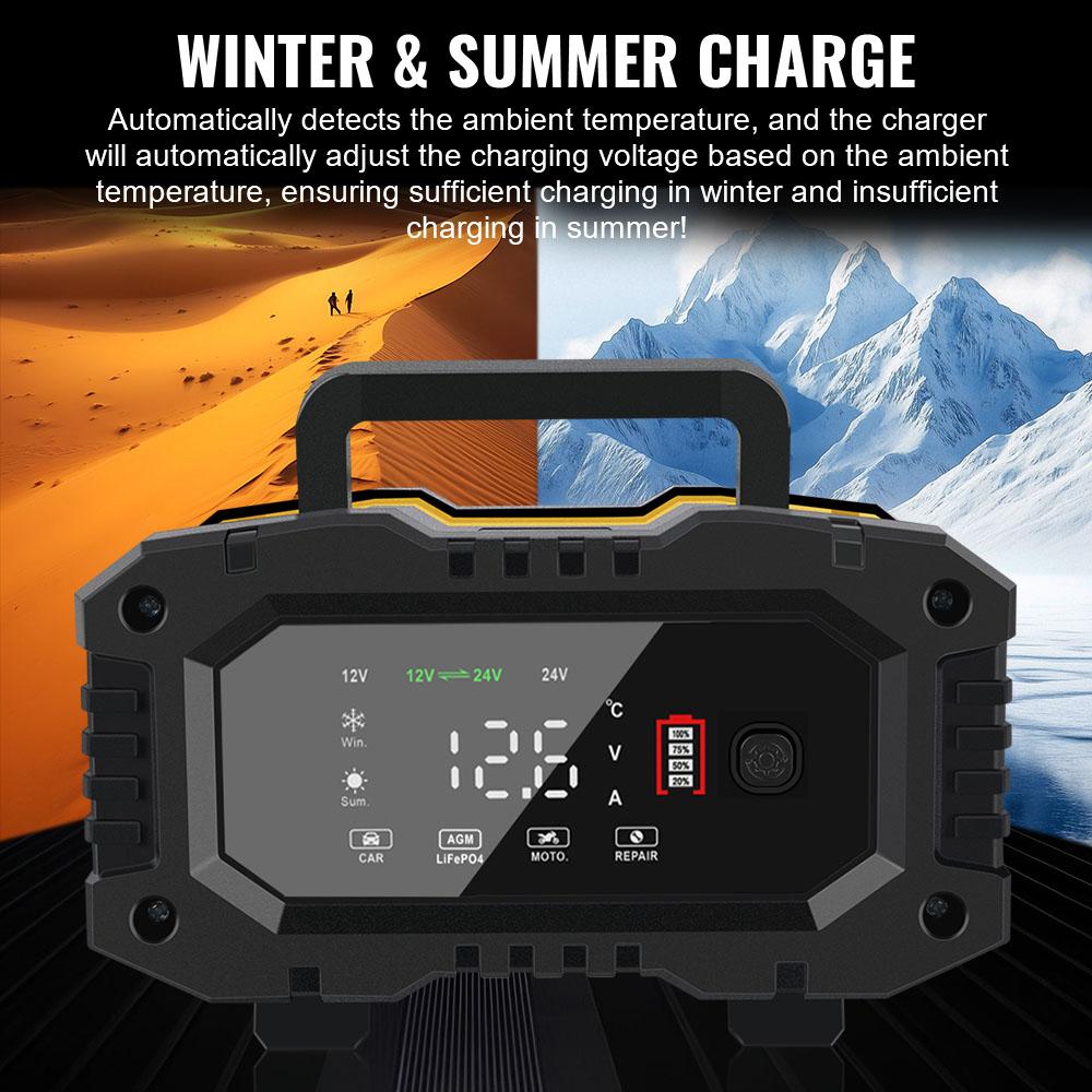 Digital Display Screen Quick Charge Car Motorcycle Battery Charger 7-stage For AGM GEL SLA Lead-Acid LiFePO4 Smart Battey Charger Handheld 12V-24V