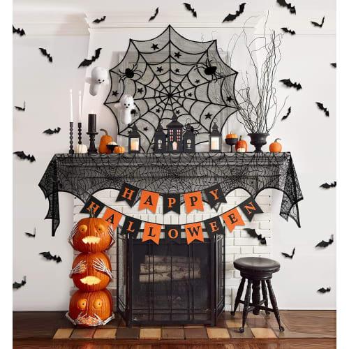 Forhomelife 39-Piece Halloween Tablecloth Decoration Set, Black Table Runner, Spider Web Lace, Large Halloween Bat Stickers, 36 Stickers, Party Suppli