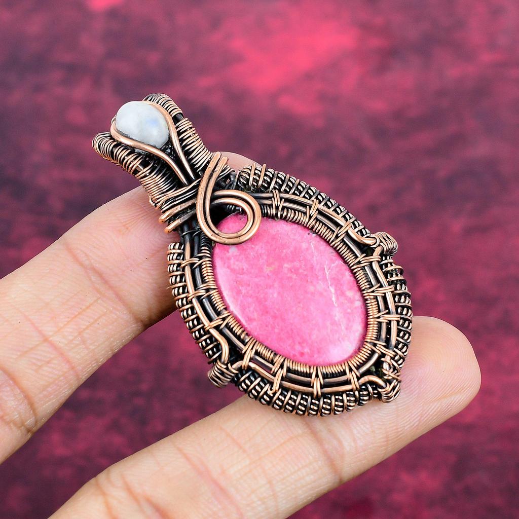 Thulite Pendant Rainbow Moonstone Pendant Copper Wire Wrapped Gemstone Jewelry