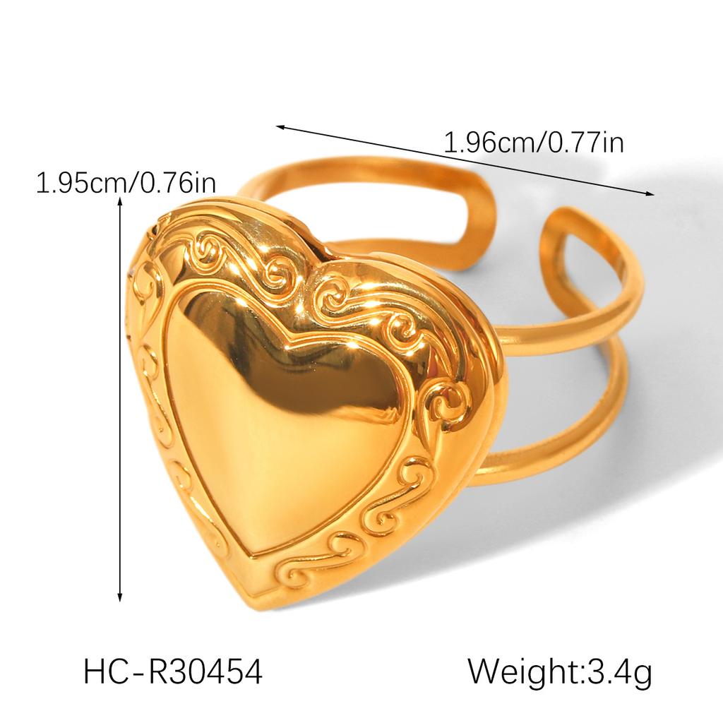 18K Gold Stainless Steel Patterned Heart Ring Heart-shaped Open Band Women's Non-fading Titanium Steel Jewelry