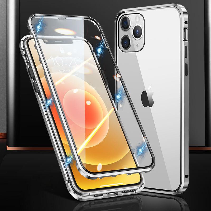 

Phone Case for iPhone 15 Pro Magnetic Adsorption Metal Frame+Double-sided Tempered Glass Clear Phone Cover Silver