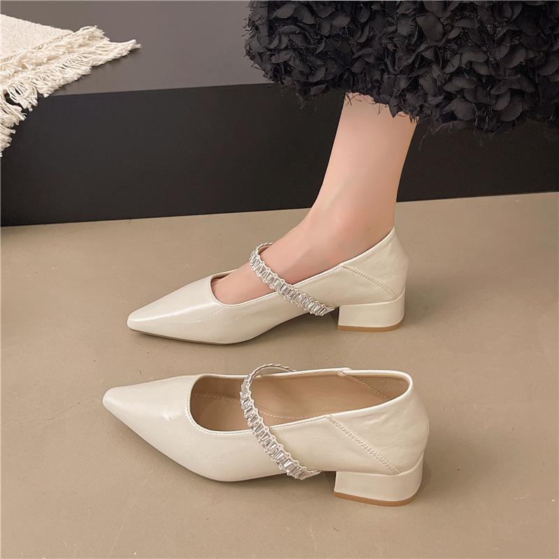 Baotou Rhinestone Word with Sandals Women's Summer New Pointed Empty Single Shoes Thick Heel Mary Jane Shoes