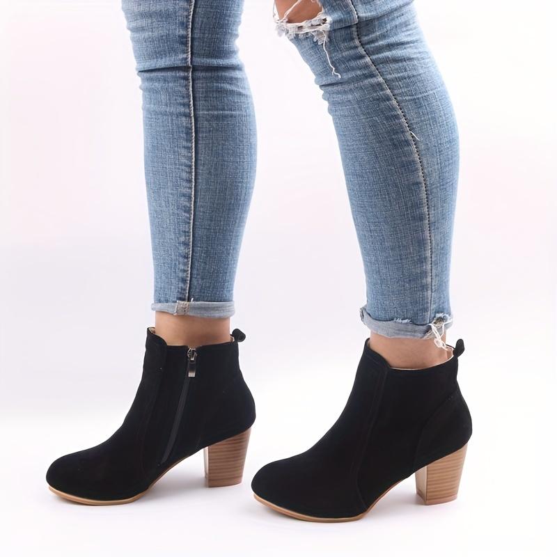 Beige Women's Round Toe Side Zipper High Block Heel Ankle Boots - Cover-Like Fabric Upper, Comfortable Thick Heel  Platform, Durable Rubber Sole