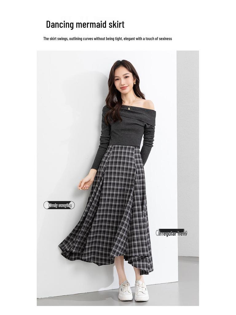 Xin Ge Plaid High Waist Fishtail A-line Skirt – Korean Style Long, Irregular Cut