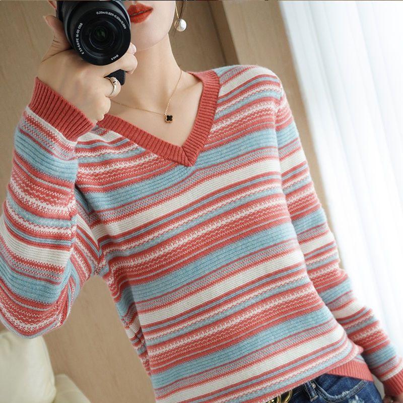 Autumn Winter Base Knitted Sweater Elegant Rainbow Knitting Tops Women All Match Casual Knitwear Long Sleeve Stripe Sweaters Thick Pullover