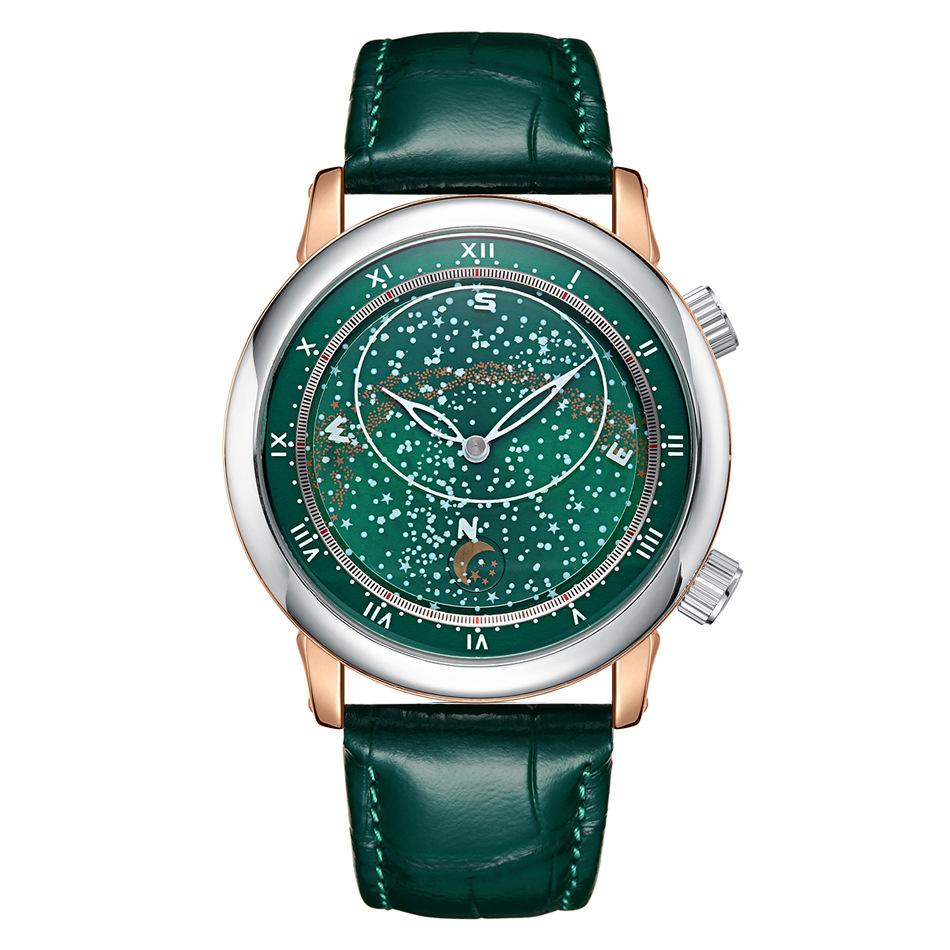 Paulareis Automatic Mechanical Leather Rotating Star Rose Gold Carved Watch for Men PP03