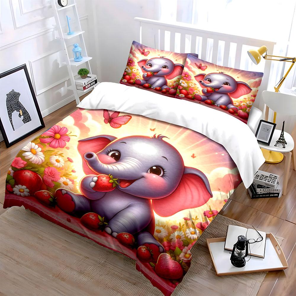 Baby Elephant Strawberry Decor Set Bedding Set with 1 Duvet Cover 2 Pillowcases Single Double King Queen, Gift