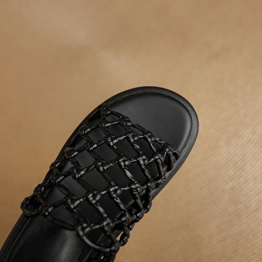 Fashion Women's New Summer Round Toe Open Toe Woven Breathable Genuine Leather Sheepskin Thick Sole Low Heel Fashion Slippers