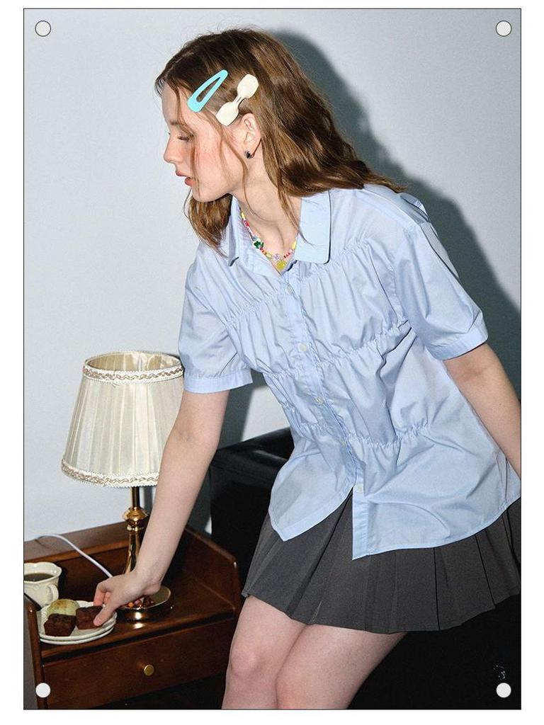 Damen NEOTCG Sommer Blau Plissee Kurzarmhemd - Neues Design, Trendy, Lockerer Schnitt, Hochwertiger Lässiger Stil