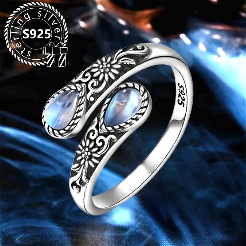 [Sterling Silver Ring] Vintage Bohemian 925 Sterling Silver Moonstone Spoon-Shaped Ring | Adjustable Butterfly Closure, Daily Wear & Gift for Her, Inc