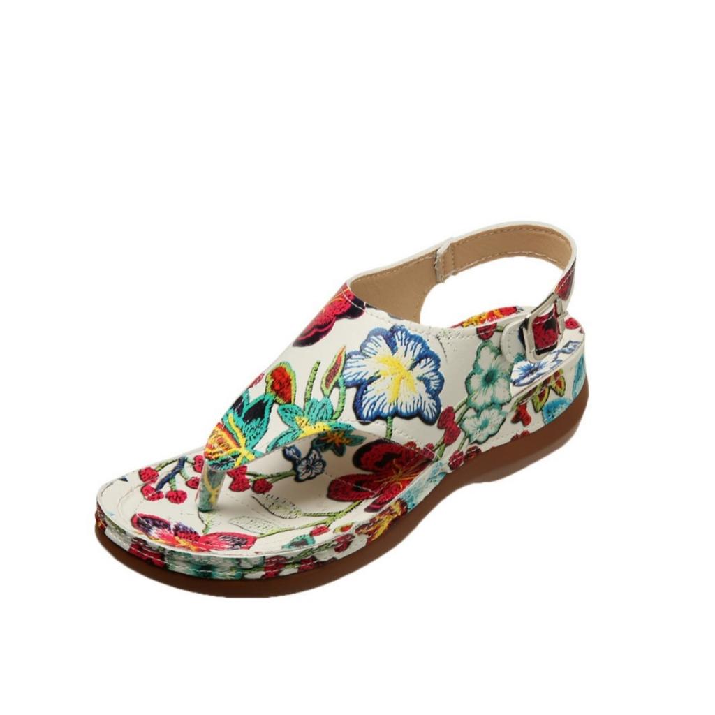 Large Size Herringbone Sandals for Women, Embroidered with Ethnic Style Flowers, with A Back Strap and Sloping Heel Sandals