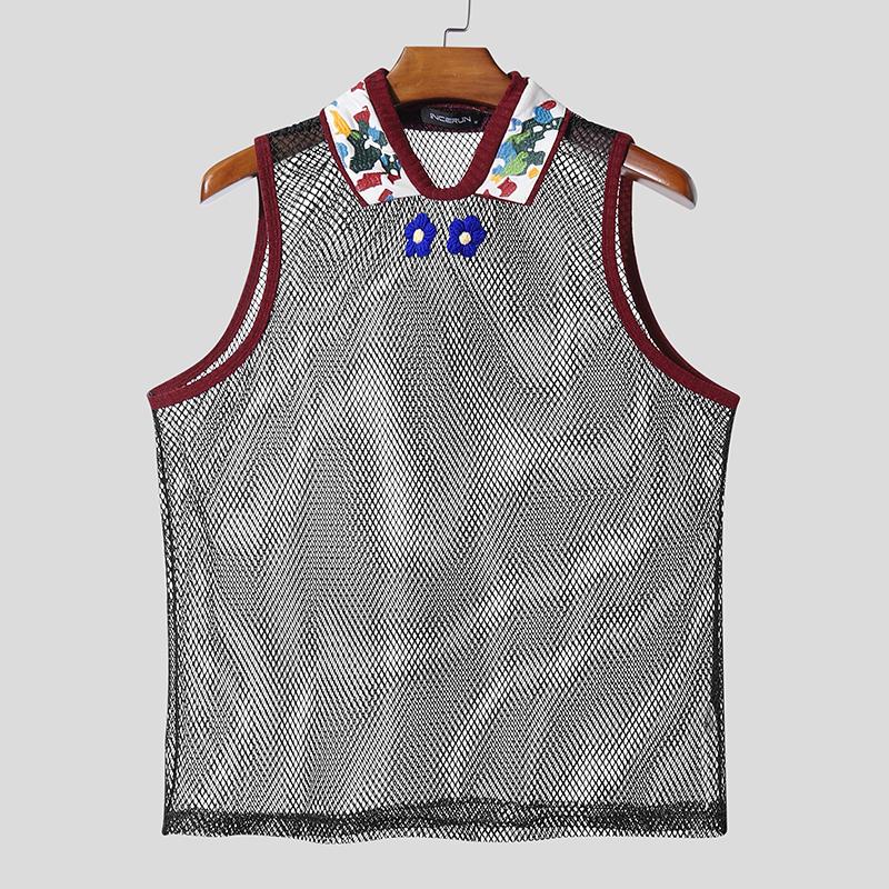 

INCERUN Men Sleeveless Mesh See Through Stitching Flowers Embroidery Tank Tops S чёрный