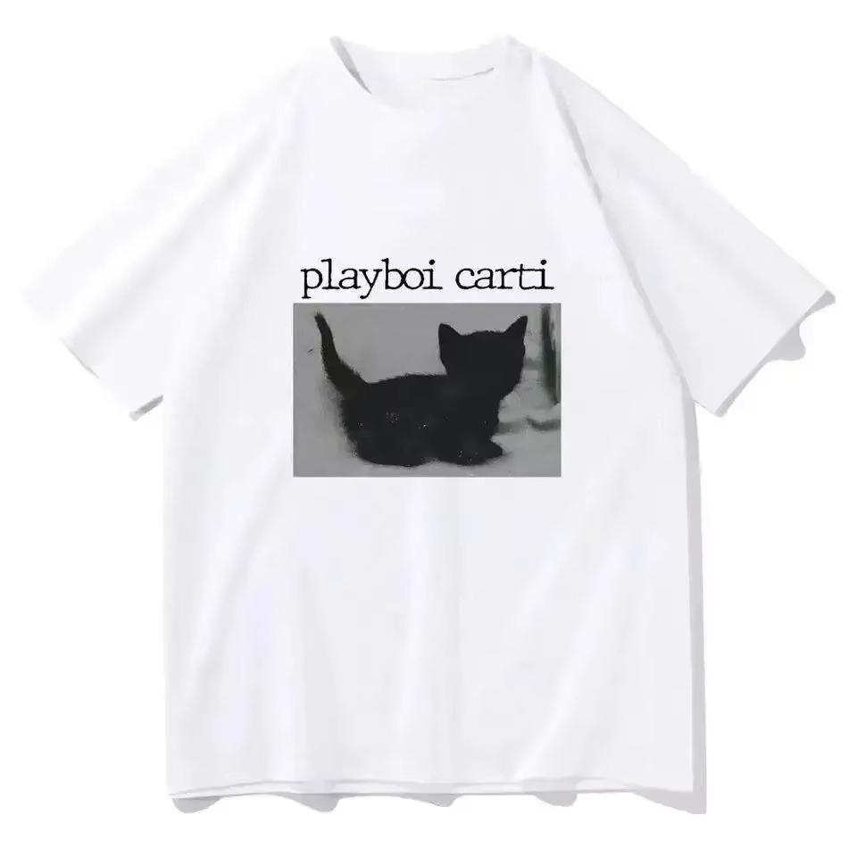 Letní oversized hiphopová trička Playboi Carti Roztomilý kočičí potisk Harajuku Běžné pánské topy Kvalitní tričko rapera Tričko na běhání