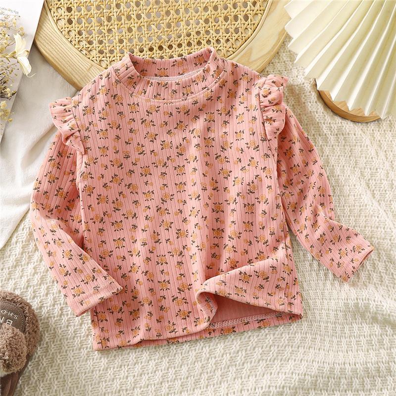 2-10Y Girls Flutter Sleeve T-Shirt Spring Autumn Blouse Floral Print Top Casual Tee for Toddler Kids