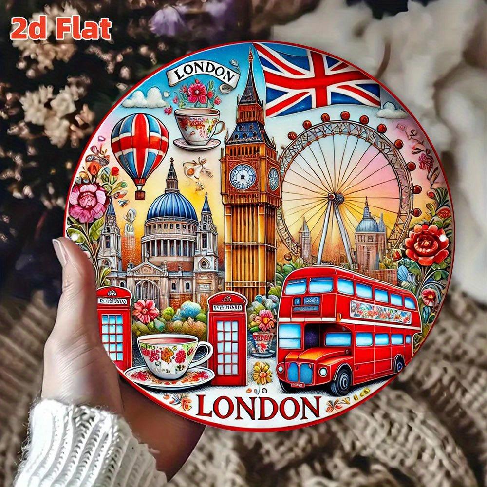 D Flat Landmark di Londra Arte Murale Segno Rotondo in Metallo di Alluminio con Big Ben London Eye Autobus Rossi Design Floreale Impermeabile