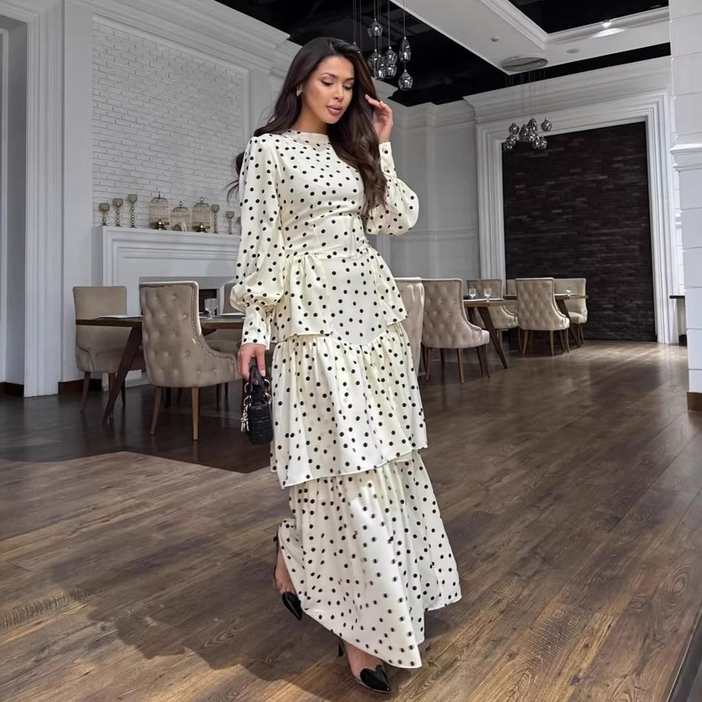 European and American women's clothing spring new polka dot printing layered skirt big pendulum long thin dress long dress
