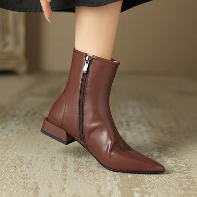 Cow Leather Winter Pointed Toe Thick Low Heels Chelsea Boots Women Zipper Big Size 43 Retro Concise Style Ankle Boots