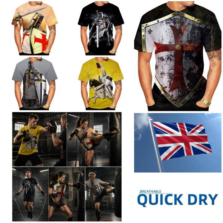 Retro Knights Templar Warrior United Kingdom British UK Britain England Muay Thai MMA Boxing T-shirt 3D Print Unisex Training Fitness Workout Sport