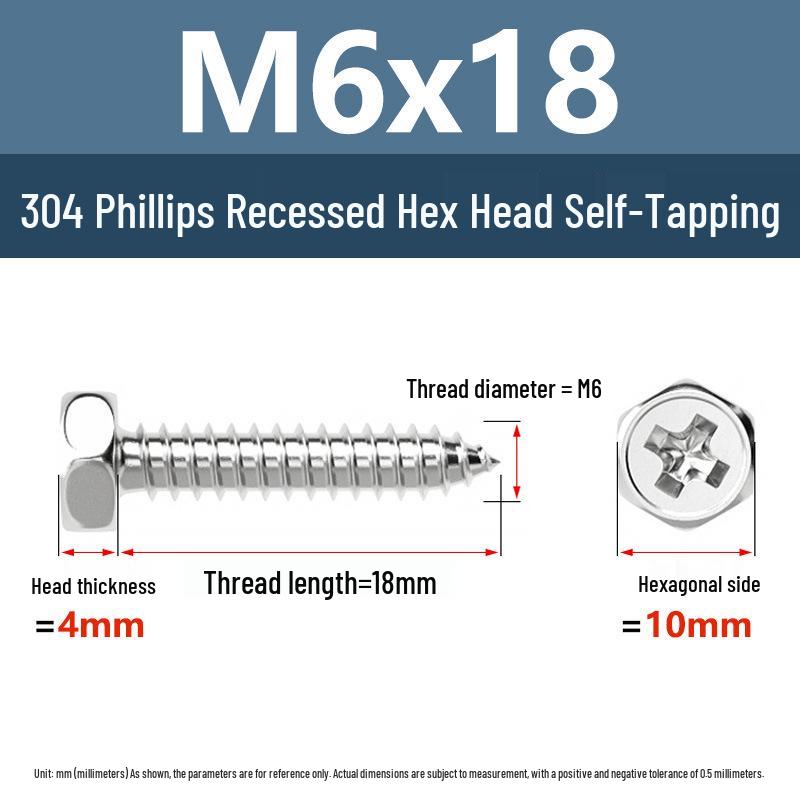 Yigu 304 Stainless Steel Phillips Recessed Hex and Slotted Self-Tapping Screws for Wood, M3-M8