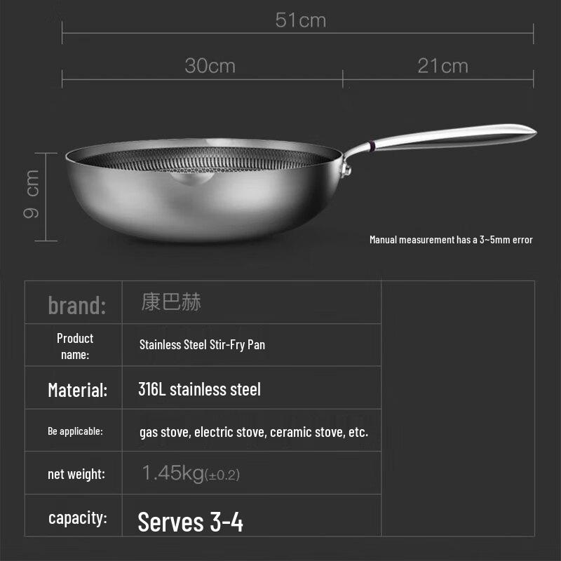 KABACH 316L Stainless Steel Non-stick Frying Wok