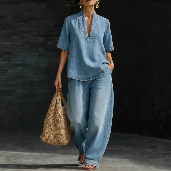 Women's Summer 2 Piece Denim Set Short Sleeve Lapel V Neck Top And Wide Leg Pants Tracksuit Casual Vacation Outfits with Pockets