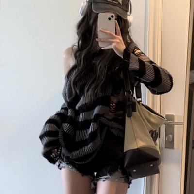 Deeptown Gothic Streetwear Paski Dzianinowy Gothi Sweter Damski Harajuku Punk Jumper Luźne Topy na Wszystkie Mecze