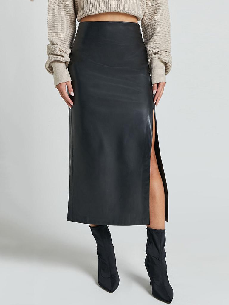 Autumn PU Pleated Skirt High Waist Zippered Half Body Skirt Slim Fit Bodycon Long Dress for Women