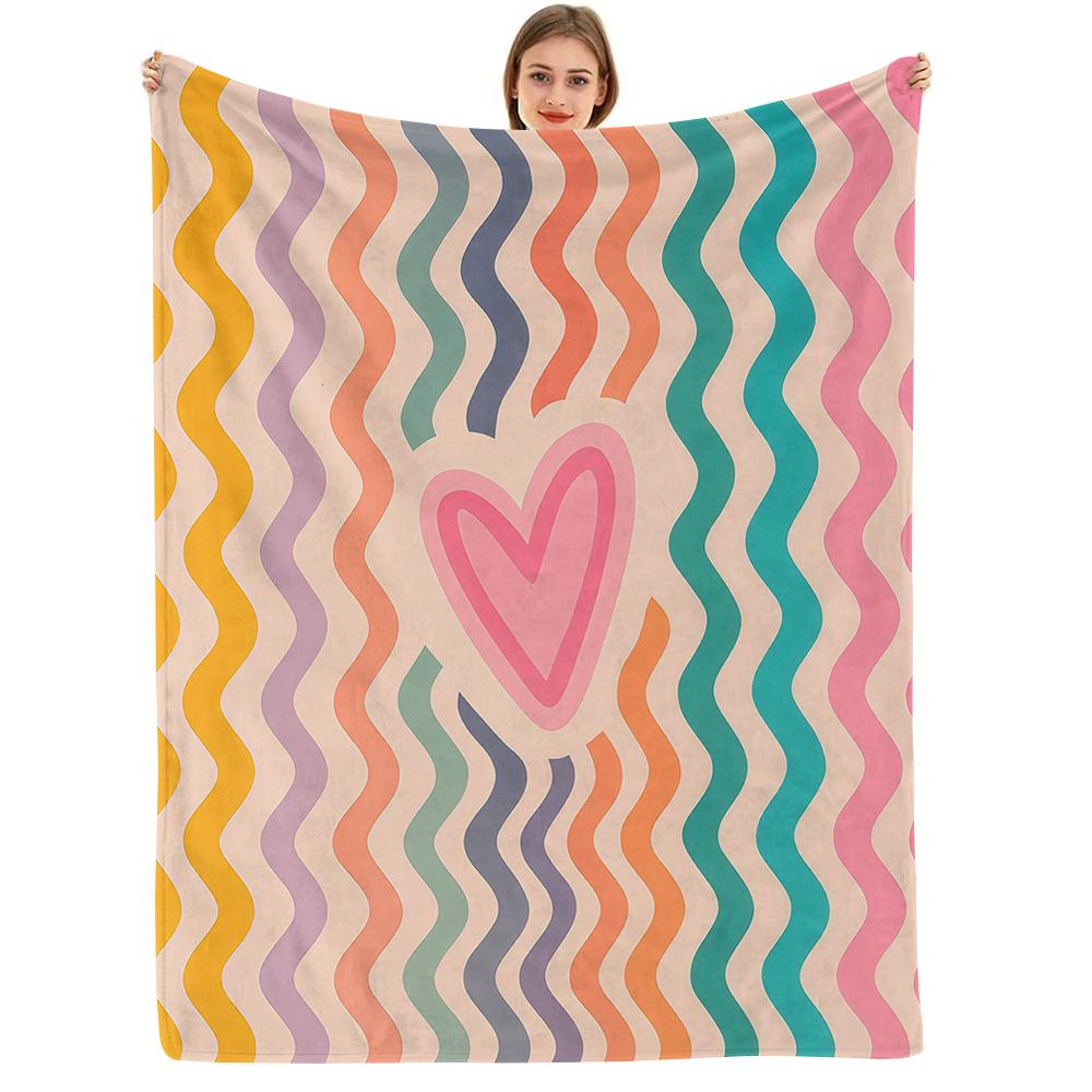 Rainbow Wave Heart Cartoon Anime Print Flannel Blanket Soft Warm Throw For Kids Bedroom Sofa Bed Christmas Office Car