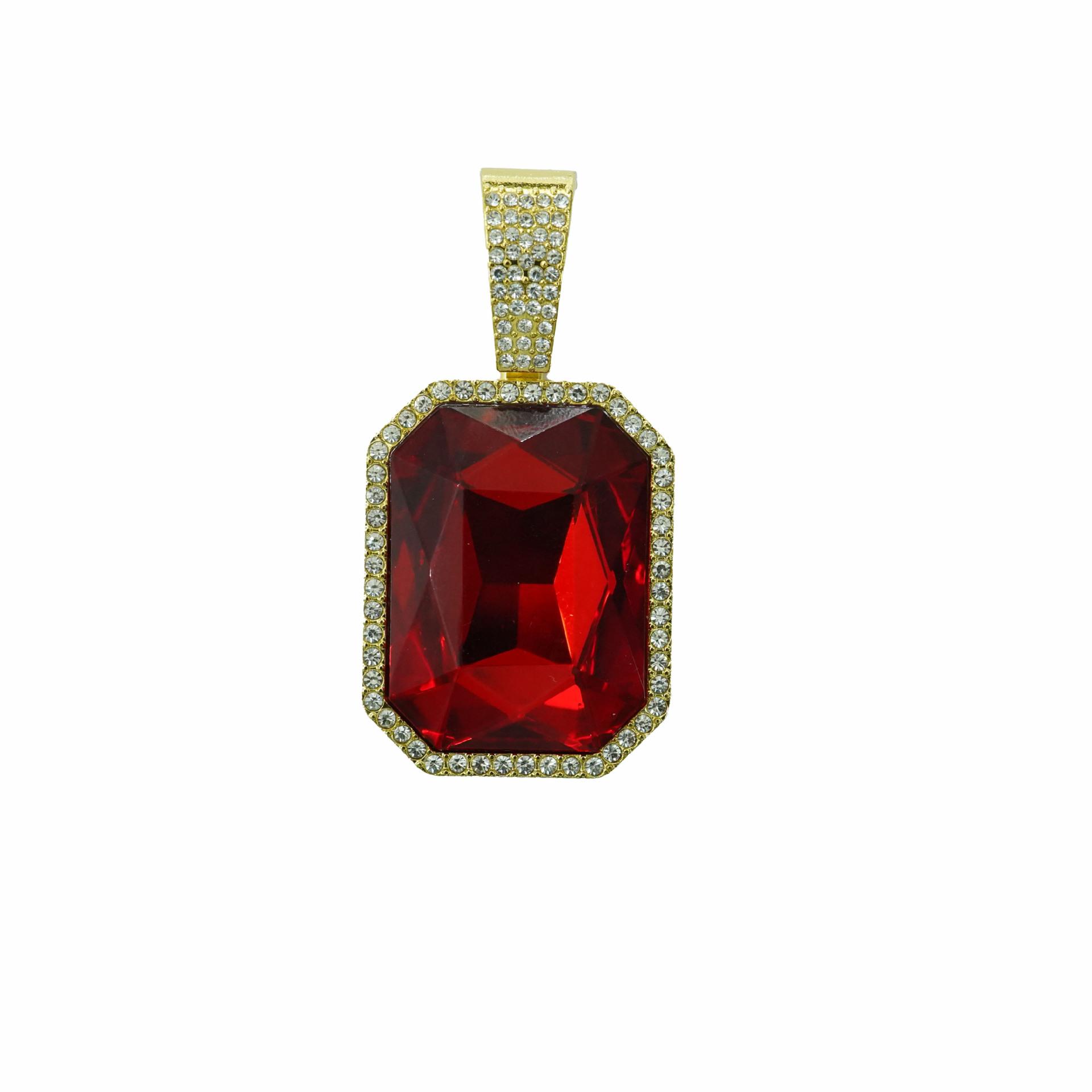Red Gem Alloy Pendant Sugar Cube Red Gem Cuban Chain Hip Hop Trend Couple Necklace