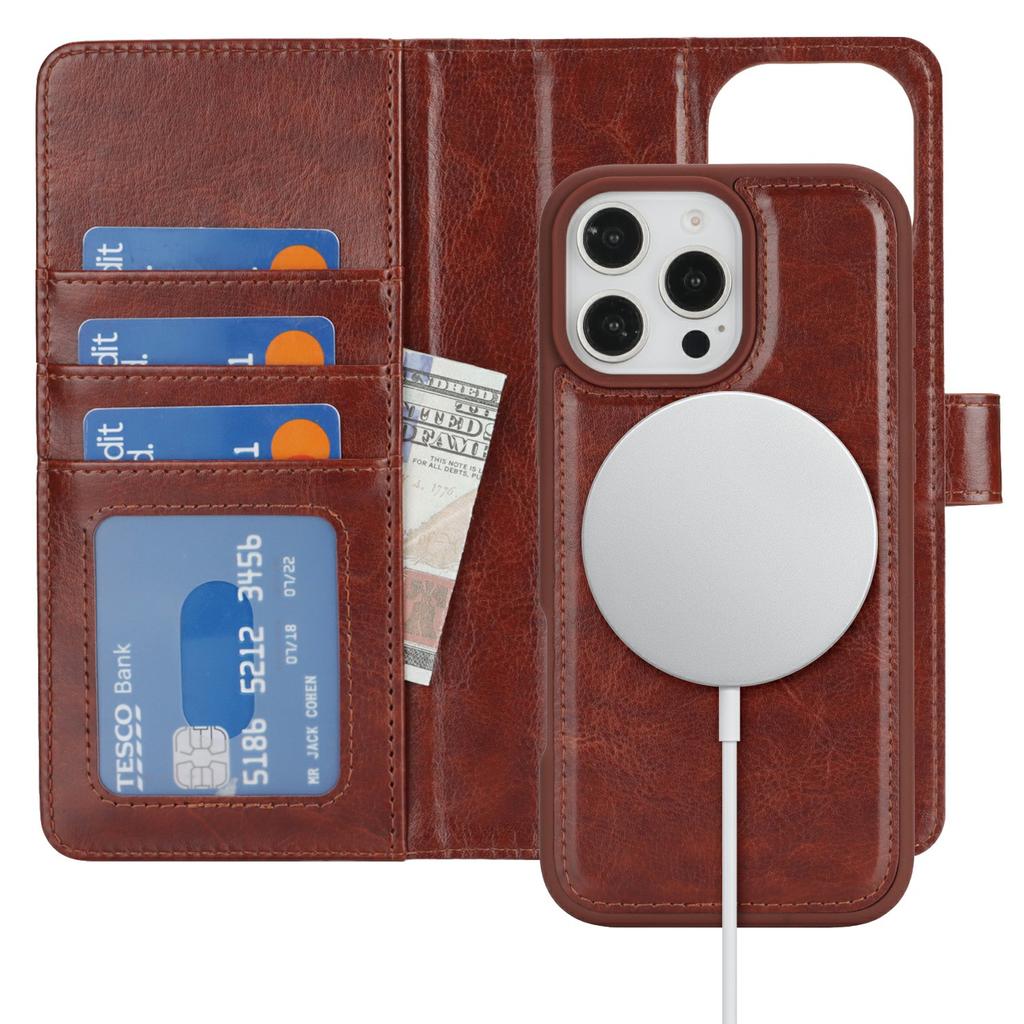 Étui Portefeuille pour iPhone 16 Pro Max Compatible avec MagSafe Anti-Chute Housse de Téléphone Détachable en Cuir PU