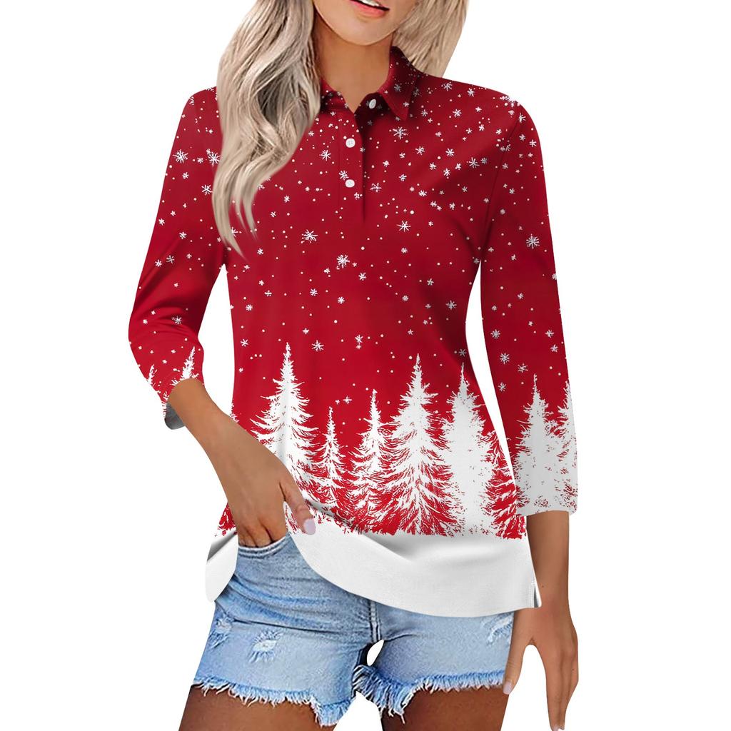 Mote dame casual revers kort 3/4 ermet juleprint skjorte dame knapp opp topper
