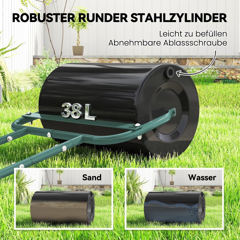 38L Fillable Cylinder Steel Lawn Roller - Dark Green
