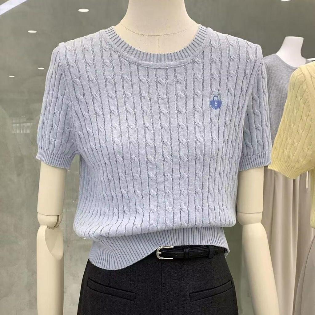 2025 Ice Silk Embroidered Knit Short Sleeve Straight Shoulder Women's Petite Summer Top