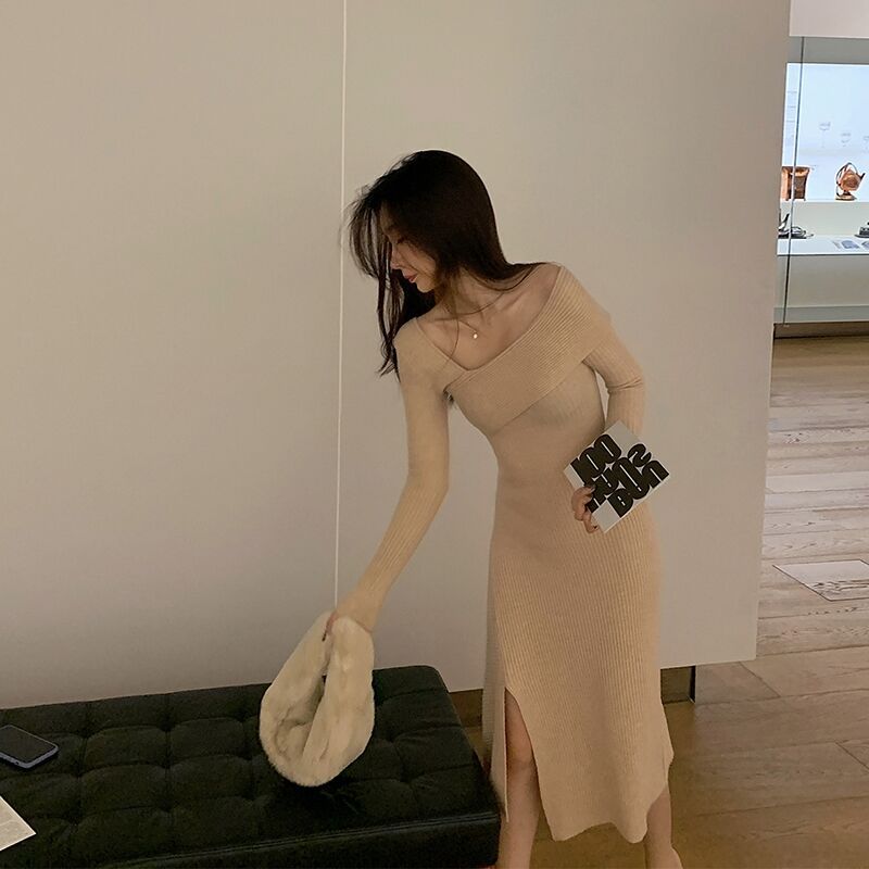 

Вязаное базовое платье облегающего кроя женское осенне-зимнее с пальто высококачественная юбка-свитер средней длины внутренняя юбка XL абрикосовый