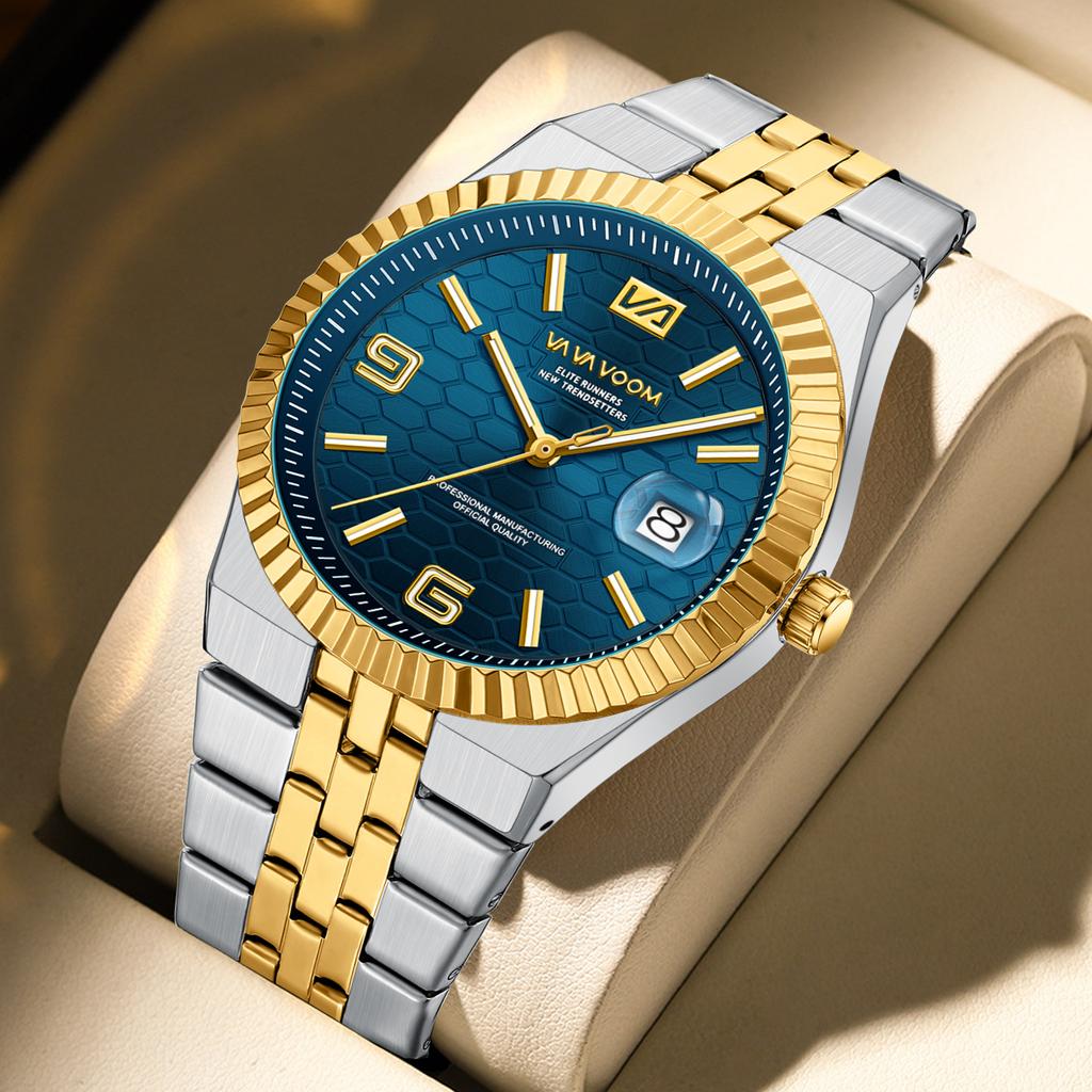VA VA VOOM Men's Business Steel Belt Watch Honeycomb Texture Waterproof Luminous Watch High Value Calendar Watch