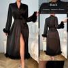 2025 New Arrival Fashion Retro Dating Robe/Long Sleeves Shoelace Feather Edge Morning Gowns/Black Satin Outerwear Gown