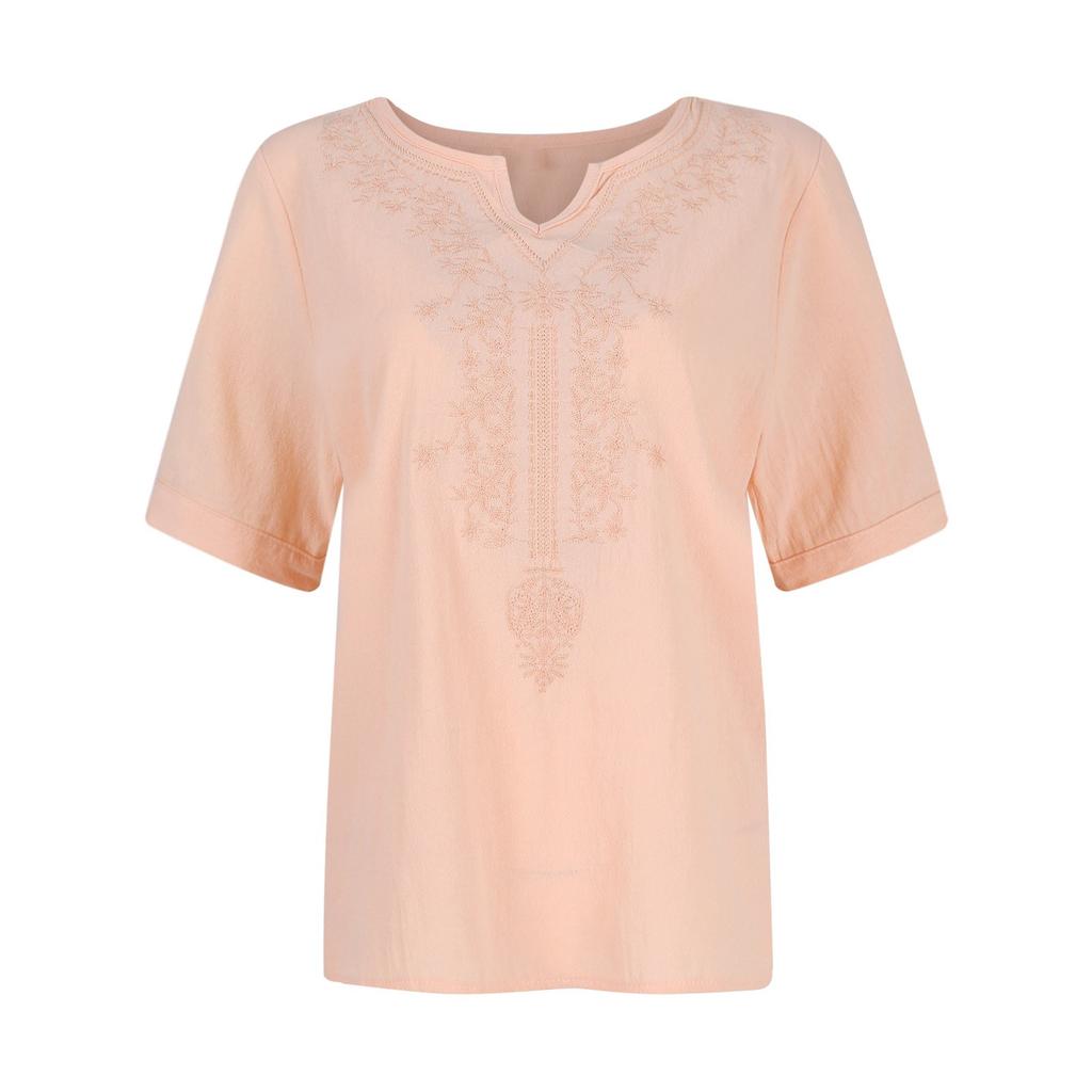 Women's Embroidered Literary Shirt Loose V-Neck Large Size Cotton Linen T Shirt
