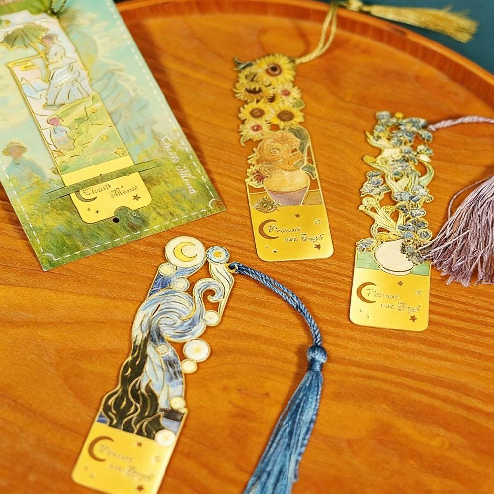 Landscape Flower Oil Painting Metal Bookmark with Tassel Pendant Flower Bookmarks Student Gift