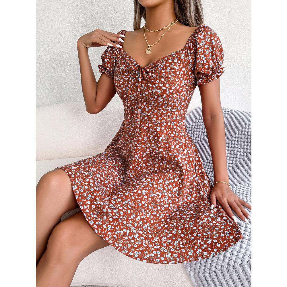 Dámské ležérní květované swingové šaty s rozšířenými rukávy a stahovací šňůrkou