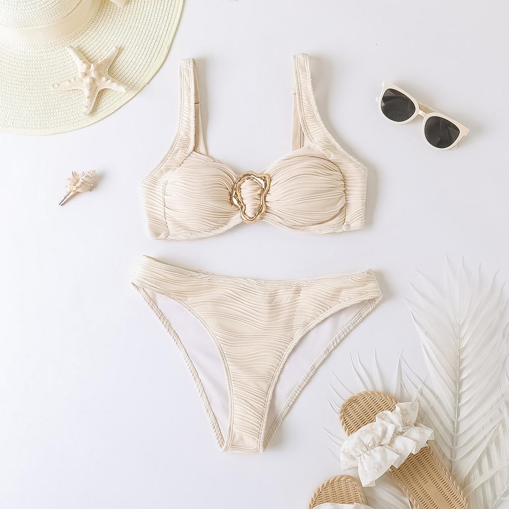 Women's Swimsuit Sexy White Metal Buckles Pleated Low Waist Swimsuit Two-Piece Bikini Set Beachwear Bathing Suits