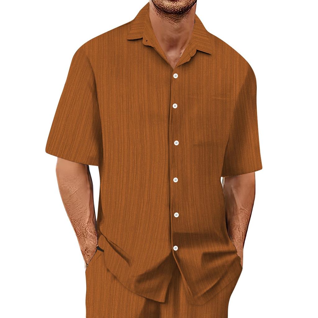 Men's Summer Hawaiian Solid Color Stripe Textured Breathable Loose Button Shirt