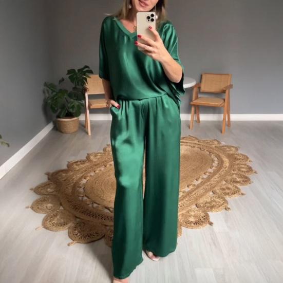 Satin Piece And Outfits for Women Two Wide Leg Pants Set