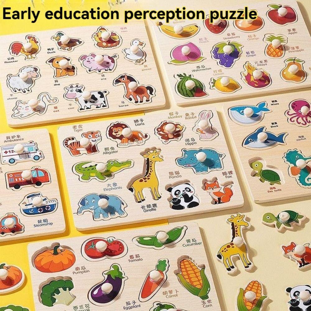 Shape Matching Wooden Puzzle Toys Montessori Animals Fruits 3D Puzzles Kids